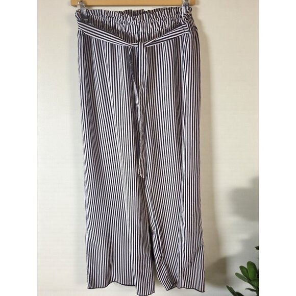 See You Monday Wide Leg Striped Pants Size L–Navy & White–Paper bag Waist w/tie - Picture 2 of 8